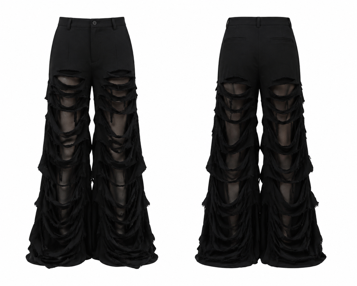 Handmade Distressed Palazzo Denim And Mesh Pants